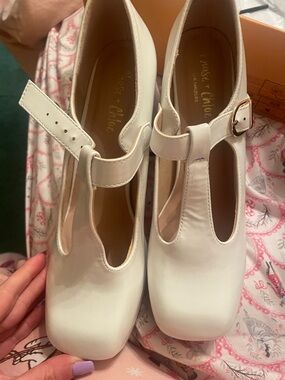 Chase + Chloe White T-Strap Square Toe Block Heels